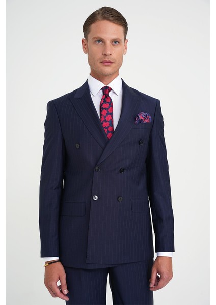 Slim Fit Çift Yırtmaç Çizgili Kruvaze Klasik Koyu Lacivert Takım Elbise Tk 925 modelleri