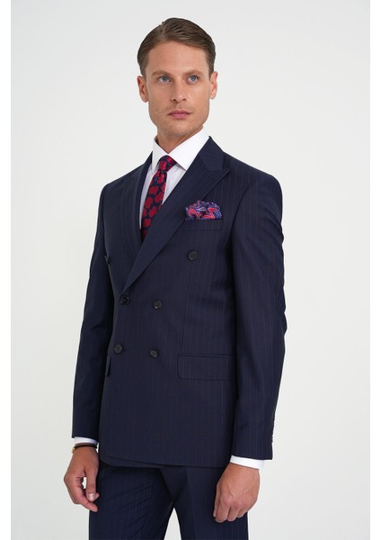 Slim Fit Çift Yırtmaç Çizgili Kruvaze Klasik Koyu Lacivert Takım Elbise Tk 925 indirimleri