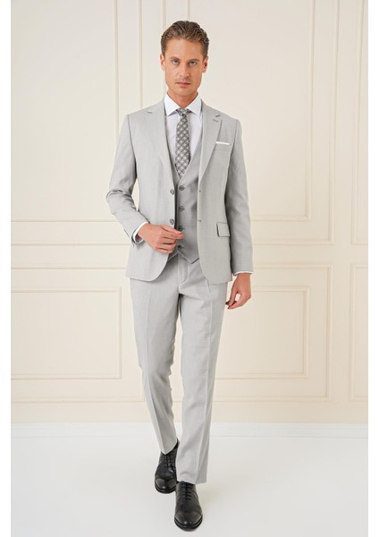 Slim Fit Dokulu Çift Yırtmaç Yelekli Klasik Gri Takım Elbise Tk 898