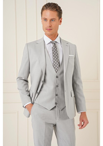 Slim Fit Dokulu Çift Yırtmaç Yelekli Klasik Gri Takım Elbise Tk 898 modelleri