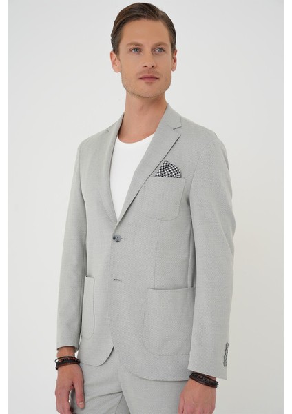 Comfort Fit Mono Yaka Çift Yırtmaç Torba Cep Kendinden Desenli Casual Gri Ceket C 706