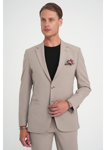 Slim Fit Mono Yaka Fleto Cepli Çift Yırtmaçlı Casual Vizon Ceket C 710