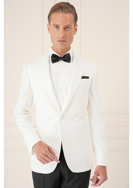 Black 035 Slim Fit Saten Yaka Çift Yırtmaçlı Tek Düğmeli Krem Damatlık Smokin Ceket modelleri