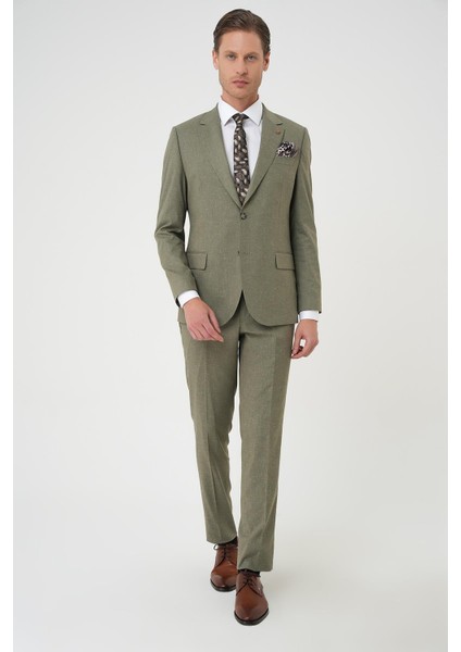 Slim Fit Çift Yırtmaç Keten Karışımlı Yelekli Klasik Haki Takım Elbise Tk 914