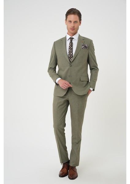 Slim Fit Çift Yırtmaç Keten Karışımlı Yelekli Klasik Haki Takım Elbise Tk 914 fiyatları