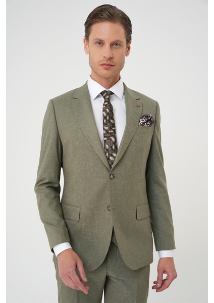Slim Fit Çift Yırtmaç Keten Karışımlı Yelekli Klasik Haki Takım Elbise Tk 914 modelleri