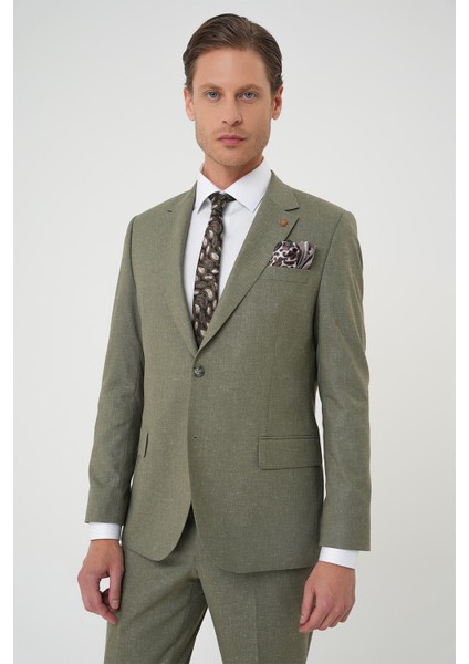 Slim Fit Çift Yırtmaç Keten Karışımlı Yelekli Klasik Haki Takım Elbise Tk 914 fırsatları