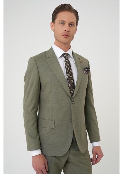 Slim Fit Çift Yırtmaç Keten Karışımlı Yelekli Klasik Haki Takım Elbise Tk 914 indirimleri