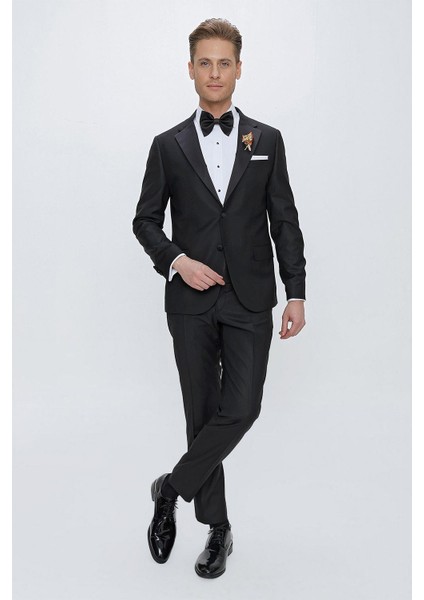 Black 066 Slim Fit Çıkma Saten Yaka Siyah Damatlık Smokin Takım