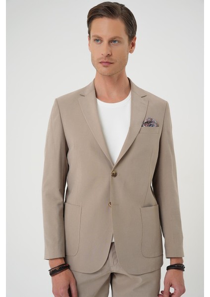 Slim Fit Torba Cep Spandex Karışımlı Casual Bej Ceket C 714