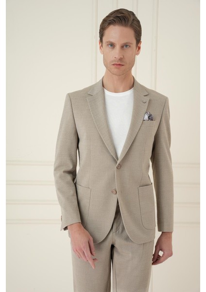 Slim Fit Mono Yaka Çift Yırtmaç Torba Cep Casual Bej Ceket C 698
