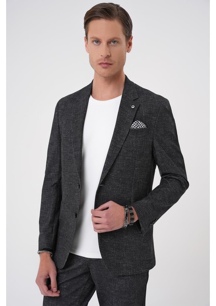 Comfort Fit Mono Yaka Çift Yırtmaç Torba Cep Casual Siyah Ceket C 701