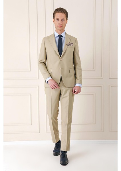 Slim Fit Jakarlı Çift Yırtmaç Klasik Bej Takım Elbise Tk 893