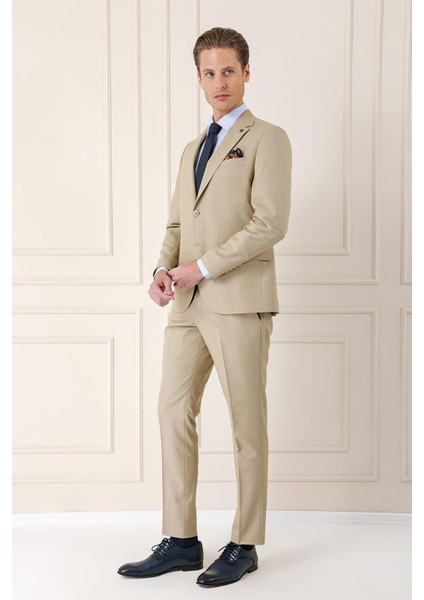 Slim Fit Jakarlı Çift Yırtmaç Klasik Bej Takım Elbise Tk 893 fiyatları