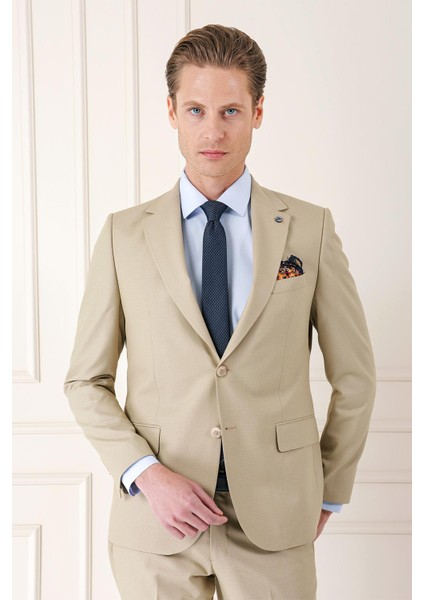 Slim Fit Jakarlı Çift Yırtmaç Klasik Bej Takım Elbise Tk 893 modelleri