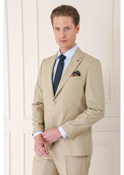 Slim Fit Jakarlı Çift Yırtmaç Klasik Bej Takım Elbise Tk 893 fırsatları