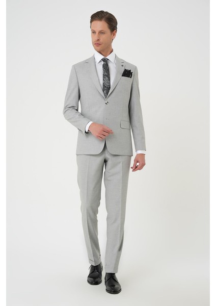 Slim Fit Çift Yırtmaç Dokulu Esnek Klasik Gri Takım Elbise Tk 915