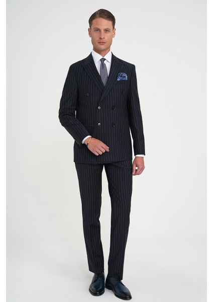 Slim Fit Çift Yırtmaç Çizgili Kruvaze Klasik Koyu Lacivert Takım Elbise Tk 925