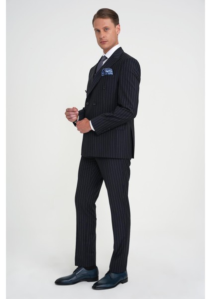 Slim Fit Çift Yırtmaç Çizgili Kruvaze Klasik Koyu Lacivert Takım Elbise Tk 925