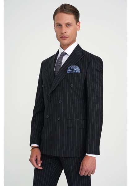 Slim Fit Çift Yırtmaç Çizgili Kruvaze Klasik Koyu Lacivert Takım Elbise Tk 925