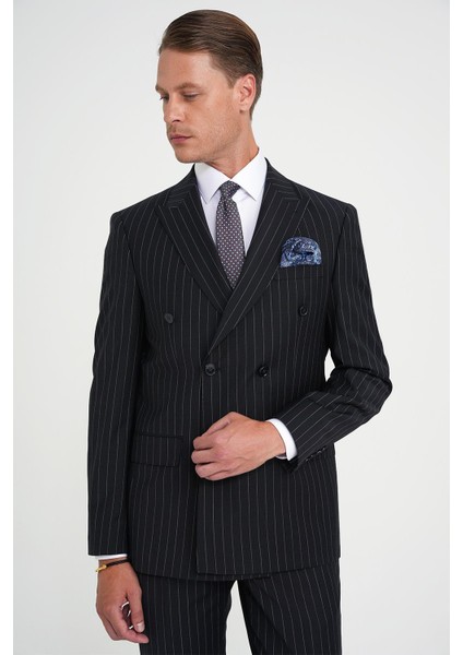 Slim Fit Çift Yırtmaç Çizgili Kruvaze Klasik Koyu Lacivert Takım Elbise Tk 925