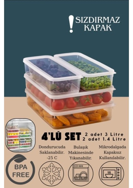 4 Lü Set Sızdırmaz Fresh Saklama Kabı 2 Adet 3000ML 2 Adet 1400ML - Şeffaf - Buzdolabı Düzenleyici