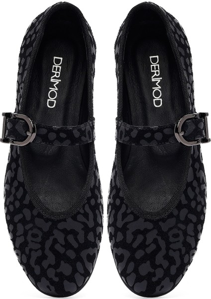 Kadın Siyah Leopar Desenli Tokalı Süet Deri Babet 25AFD201510