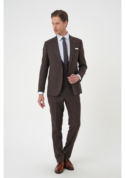Slim Fit Çift Yırtmaç Keten Karışımlı Yelekli Klasik Kahve Takım Elbise Tk 914 fiyatları