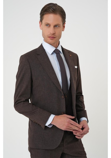 Slim Fit Çift Yırtmaç Keten Karışımlı Yelekli Klasik Kahve Takım Elbise Tk 914 modelleri
