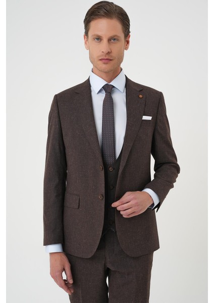 Slim Fit Çift Yırtmaç Keten Karışımlı Yelekli Klasik Kahve Takım Elbise Tk 914 fırsatları