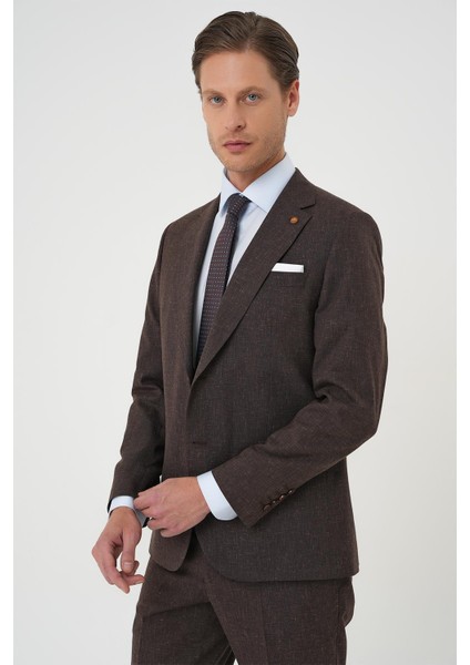 Slim Fit Çift Yırtmaç Keten Karışımlı Yelekli Klasik Kahve Takım Elbise Tk 914 indirimleri
