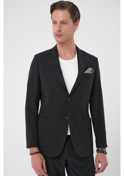 Slim Fit Torba Cep Spandex Karışımlı Casual Siyah Ceket C 714