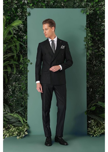 Slim Fit Yağmur Deseni Çizgili Kruvaze Klasik Siyah Takım Elbise Tk 888 modelleri