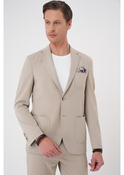 Comfort Fit Mono Yaka Çift Yırtmaç Torba Cep Kendinden Desenli Casual Bej Ceket C 706