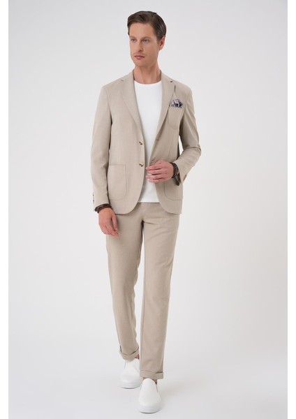 Comfort Fit Mono Yaka Çift Yırtmaç Torba Cep Kendinden Desenli Casual Bej Ceket C 706 fiyatları