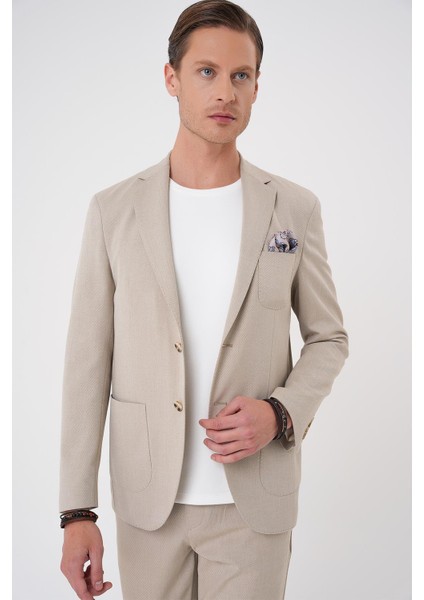 Comfort Fit Mono Yaka Çift Yırtmaç Torba Cep Kendinden Desenli Casual Bej Ceket C 706 modelleri