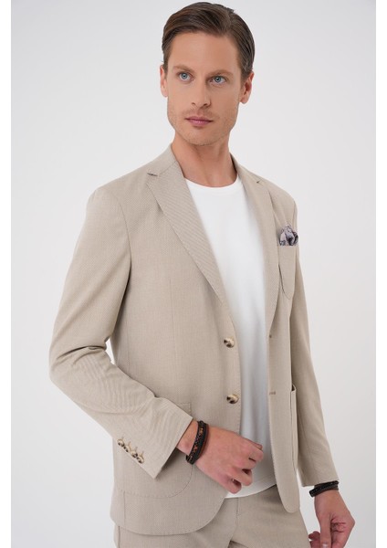 Comfort Fit Mono Yaka Çift Yırtmaç Torba Cep Kendinden Desenli Casual Bej Ceket C 706 fırsatları