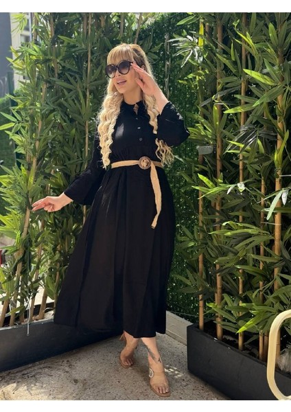 Kadın Büyük Beden Yaka Düğmeli Ispanyol Kol Dokuma Viskon Elbise