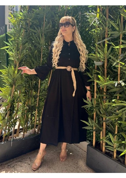 Kadın Büyük Beden Yaka Düğmeli Ispanyol Kol Dokuma Viskon Elbise fiyatları