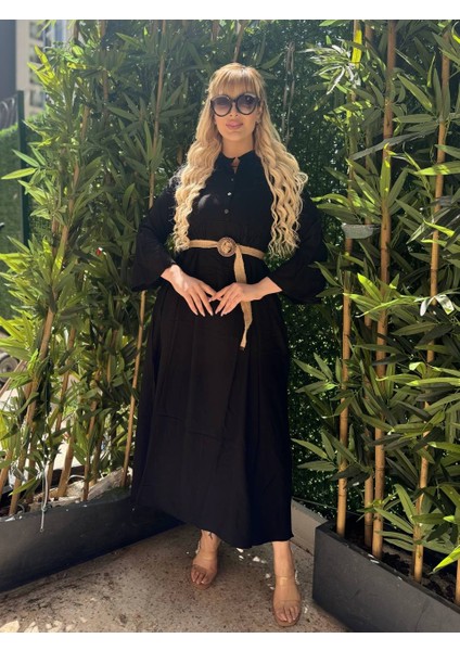 Kadın Büyük Beden Yaka Düğmeli Ispanyol Kol Dokuma Viskon Elbise modelleri