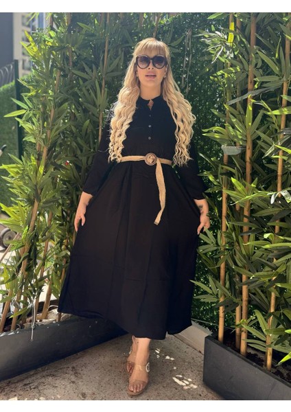 Kadın Büyük Beden Yaka Düğmeli Ispanyol Kol Dokuma Viskon Elbise fırsatları