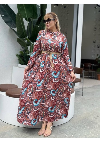 Kadın Büyük Beden Yaka Düğmeli Ispanyol Kol Dokuma Viskon Elbise