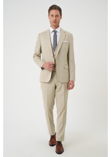 Slim Fit Dokulu Çift Yırtmaç Yelekli Klasik Bej Takım Elbise Tk 898