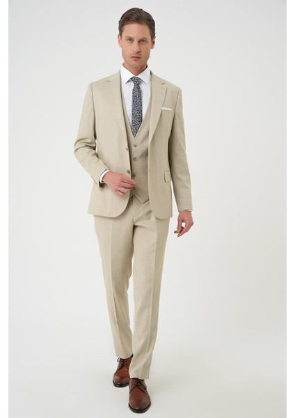 Slim Fit Dokulu Çift Yırtmaç Yelekli Klasik Bej Takım Elbise Tk 898 fırsatları