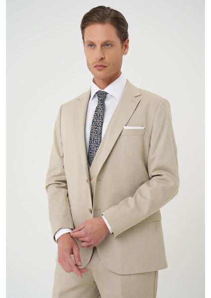 Slim Fit Dokulu Çift Yırtmaç Yelekli Klasik Bej Takım Elbise Tk 898 indirimleri