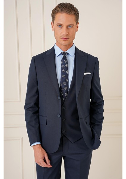 Slim Fit Kırlangıç Yaka Çift Yırtmaçlı Yelekli Klasik Lacivert Takım Elbise Tk 895 fiyatları