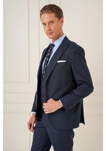 Slim Fit Kırlangıç Yaka Çift Yırtmaçlı Yelekli Klasik Lacivert Takım Elbise Tk 895 modelleri
