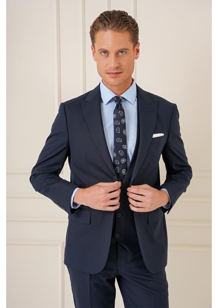Slim Fit Kırlangıç Yaka Çift Yırtmaçlı Yelekli Klasik Lacivert Takım Elbise Tk 895 indirimleri