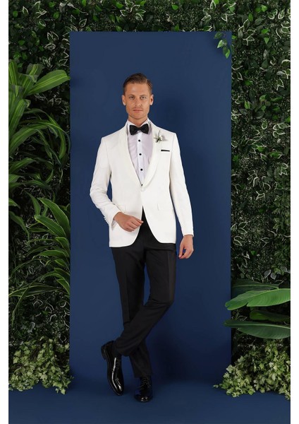 Black 034 Slim Fit Saten Yaka Çift Yırtmaçlı Damatlık Ekru Smokin Ceket