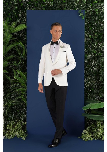 Black 034 Slim Fit Saten Yaka Çift Yırtmaçlı Damatlık Ekru Smokin Ceket fiyatları